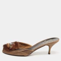 Pre Owned Prada Metallic Bronze Leather and Fur Crystal Embellished Mules Size 38.5