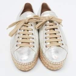 Prada Silver Leather Wedge Espadrille Sneakers Size 38.5