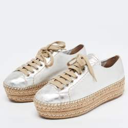 Prada Silver Leather Wedge Espadrille Sneakers Size 38.5