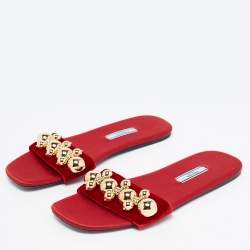 Prada Red Satin/Velvet  Embellished  Flat Slides Size 36.5