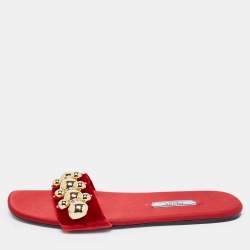 Prada Red Satin/Velvet  Embellished  Flat Slides Size 36.5