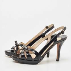 Pre Owned Prada Black Saffiano Vernice Leather Bow Platform Slingback Sandals Size 35.5