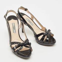 Pre Owned Prada Black Saffiano Vernice Leather Bow Platform Slingback Sandals Size 35.5