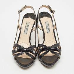Pre Owned Prada Black Saffiano Vernice Leather Bow Platform Slingback Sandals Size 35.5