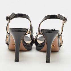 Pre Owned Prada Black Saffiano Vernice Leather Bow Platform Slingback Sandals Size 35.5