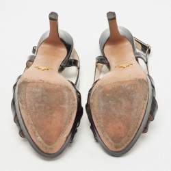 Pre Owned Prada Black Saffiano Vernice Leather Bow Platform Slingback Sandals Size 35.5