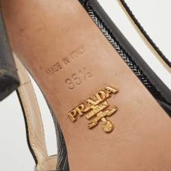 Pre Owned Prada Black Saffiano Vernice Leather Bow Platform Slingback Sandals Size 35.5