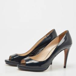 Pre Owned Prada Dark Navy Blue Patent Leather Peep Toe Platform Pumps Size 38.5
