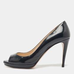 Pre Owned Prada Dark Navy Blue Patent Leather Peep Toe Platform Pumps Size 38.5