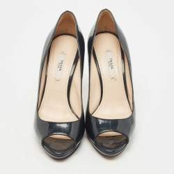 Pre Owned Prada Dark Navy Blue Patent Leather Peep Toe Platform Pumps Size 38.5