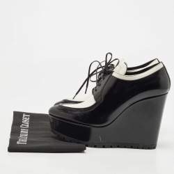 Prada White/Black Leather Platform Wedges Lace Up Derby Size 38