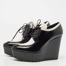 Prada White/Black Leather Platform Wedges Lace Up Derby Size 38