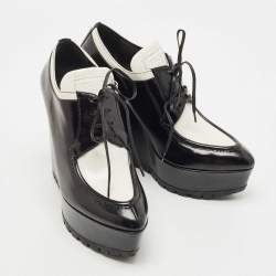 Prada White/Black Leather Platform Wedges Lace Up Derby Size 38