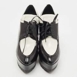 Prada White/Black Leather Platform Wedges Lace Up Derby Size 38