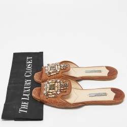 Prada Brown Croc Embossed Leather Crystal Embellished Slide Flats Size 36.5
