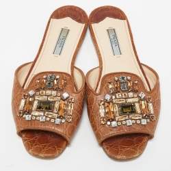 Prada Brown Croc Embossed Leather Crystal Embellished Slide Flats Size 36.5