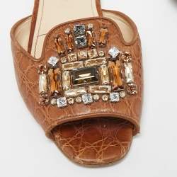 Prada Brown Croc Embossed Leather Crystal Embellished Slide Flats Size 36.5