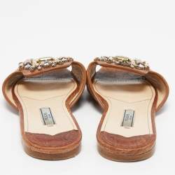 Prada Brown Croc Embossed Leather Crystal Embellished Slide Flats Size 36.5