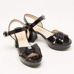 Prada Black Patent Leather Crisscross Ankle Strap Sandals Size 36