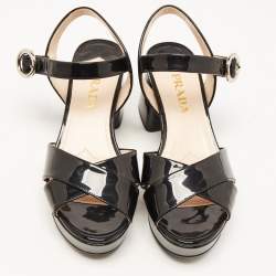 Prada Black Patent Leather Crisscross Ankle Strap Sandals Size 36