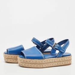 Pre Owned Prada Blue Leather Espadrille Platform Sandals Size 38