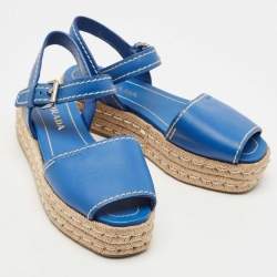 Pre Owned Prada Blue Leather Espadrille Platform Sandals Size 38
