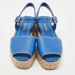 Pre Owned Prada Blue Leather Espadrille Platform Sandals Size 38