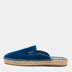 Pre Owned Prada Blue Velvet Espadrille Flat Mules Size 38.5