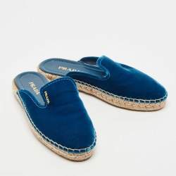 Pre Owned Prada Blue Velvet Espadrille Flat Mules Size 38.5