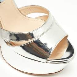 Pre Owned Prada Metallic Silver Leather Platform Ankle Strap Sandals Size 37