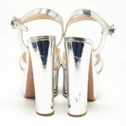 Pre Owned Prada Metallic Silver Leather Platform Ankle Strap Sandals Size 37