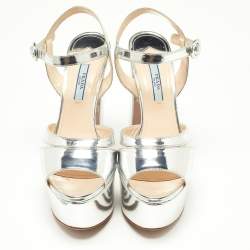 Pre Owned Prada Metallic Silver Leather Platform Ankle Strap Sandals Size 37
