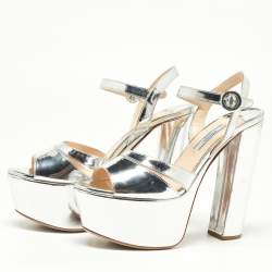 Pre Owned Prada Metallic Silver Leather Platform Ankle Strap Sandals Size 37