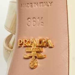 Prada Beige Patent Leather Ankle Strap Block Heel Platform Sandals Size 36.5