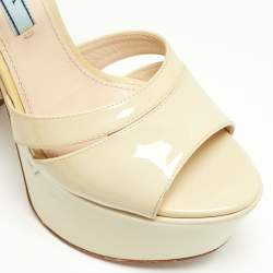 Prada Beige Patent Leather Ankle Strap Block Heel Platform Sandals Size 36.5
