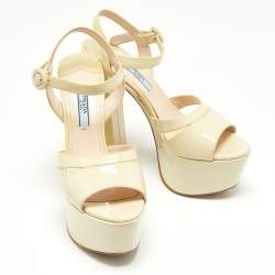 Prada Beige Patent Leather Ankle Strap Block Heel Platform Sandals Size 36.5