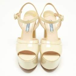 Prada Beige Patent Leather Ankle Strap Block Heel Platform Sandals Size 36.5