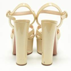 Prada Beige Patent Leather Ankle Strap Block Heel Platform Sandals Size 36.5