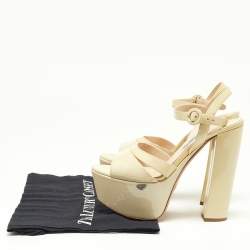 Prada Beige Patent Leather Ankle Strap Block Heel Platform Sandals Size 36.5