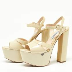 Prada Beige Patent Leather Ankle Strap Block Heel Platform Sandals Size 36.5