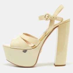 Prada Beige Patent Leather Ankle Strap Block Heel Platform Sandals Size 36.5