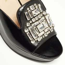 Pre Owned Prada Black Saffiano Patent Leather Crystal Embellished Platform Wedge Sandals Size 37