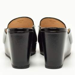 Pre Owned Prada Black Saffiano Patent Leather Crystal Embellished Platform Wedge Sandals Size 37