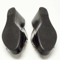 Pre Owned Prada Black Saffiano Patent Leather Crystal Embellished Platform Wedge Sandals Size 37
