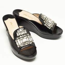 Pre Owned Prada Black Saffiano Patent Leather Crystal Embellished Platform Wedge Sandals Size 37