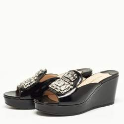 Pre Owned Prada Black Saffiano Patent Leather Crystal Embellished Platform Wedge Sandals Size 37