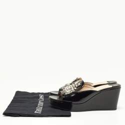 Pre Owned Prada Black Saffiano Patent Leather Crystal Embellished Platform Wedge Sandals Size 37