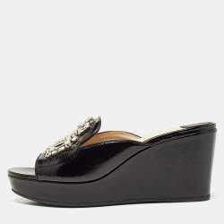 Pre Owned Prada Black Saffiano Patent Leather Crystal Embellished Platform Wedge Sandals Size 37