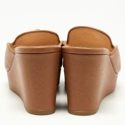 Prada Tan Saffiano Leather Crystal Embellished Platform Wedge Sandals Size 37