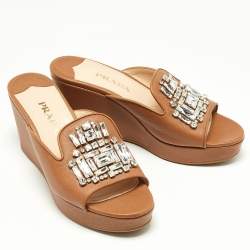 Prada Tan Saffiano Leather Crystal Embellished Platform Wedge Sandals Size 37